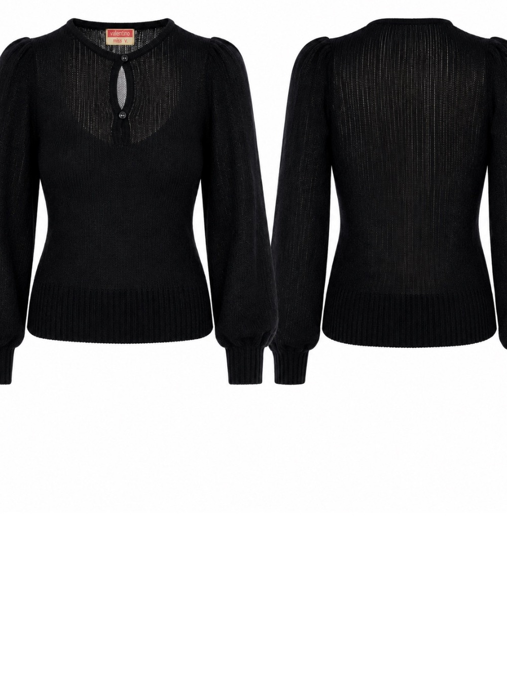 VTG Miss V Valentino Open Knit, Puff Sleeve, Key-hole 2 Button Sweater